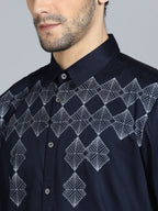 Men Navy Blue Ivory Block Print Smart Casual Shirt