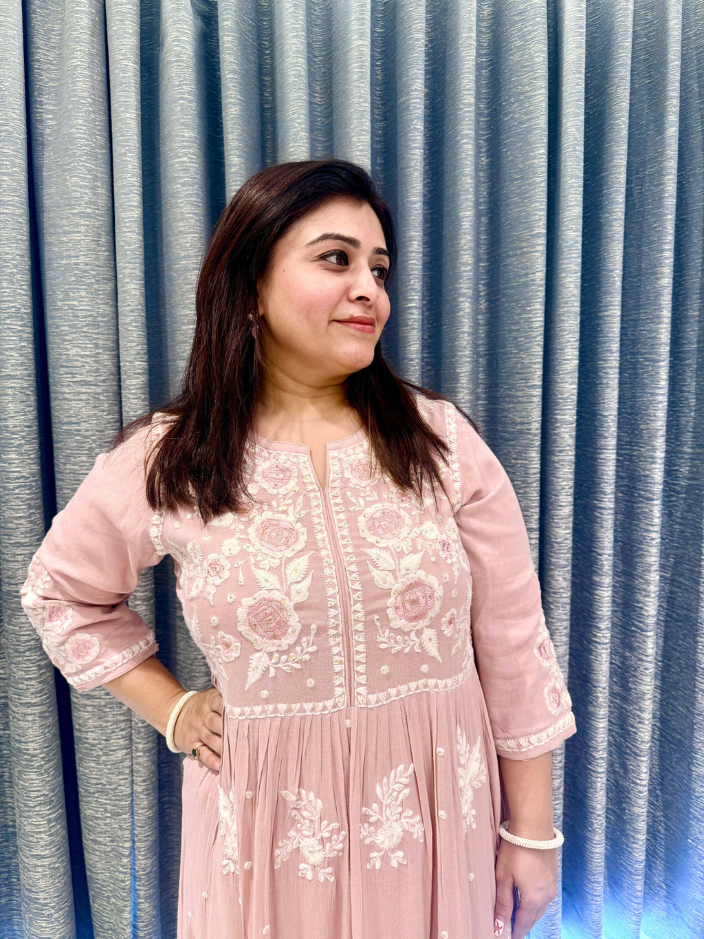 Pastel Pink Floor-Length Gown with Intricate White Chikankari-Style Embroidery