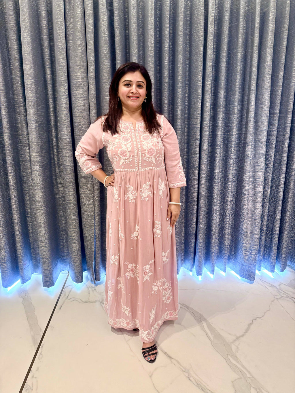 Pastel Pink Floor-Length Gown with Intricate White Chikankari-Style Embroidery