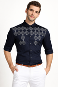 Men Navy Blue Ivory Block Print Smart Casual Shirt