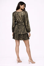 Metallic Pleated V-Neck Mini Dress