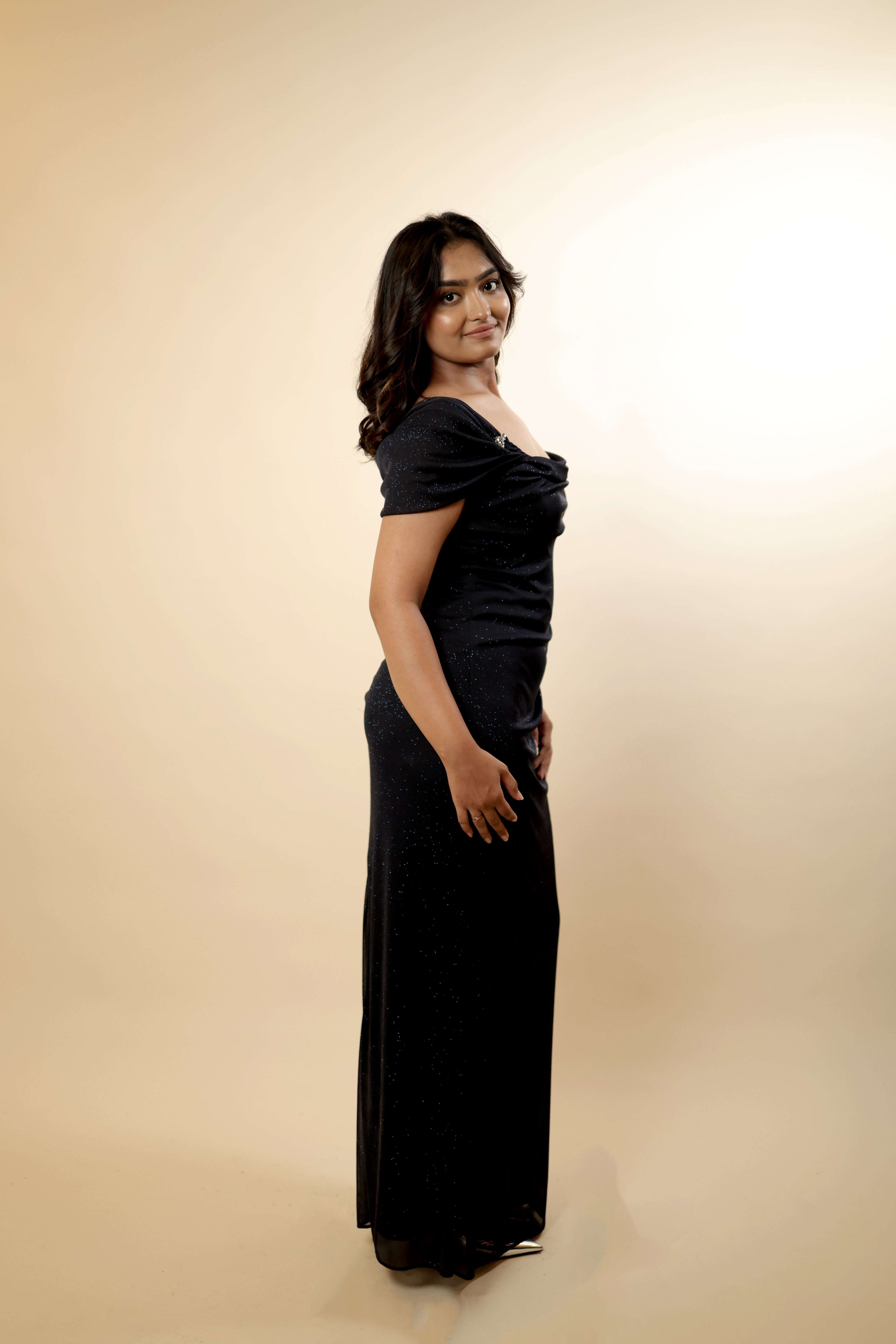 Black Cowl Neck Shimmer Net Dress