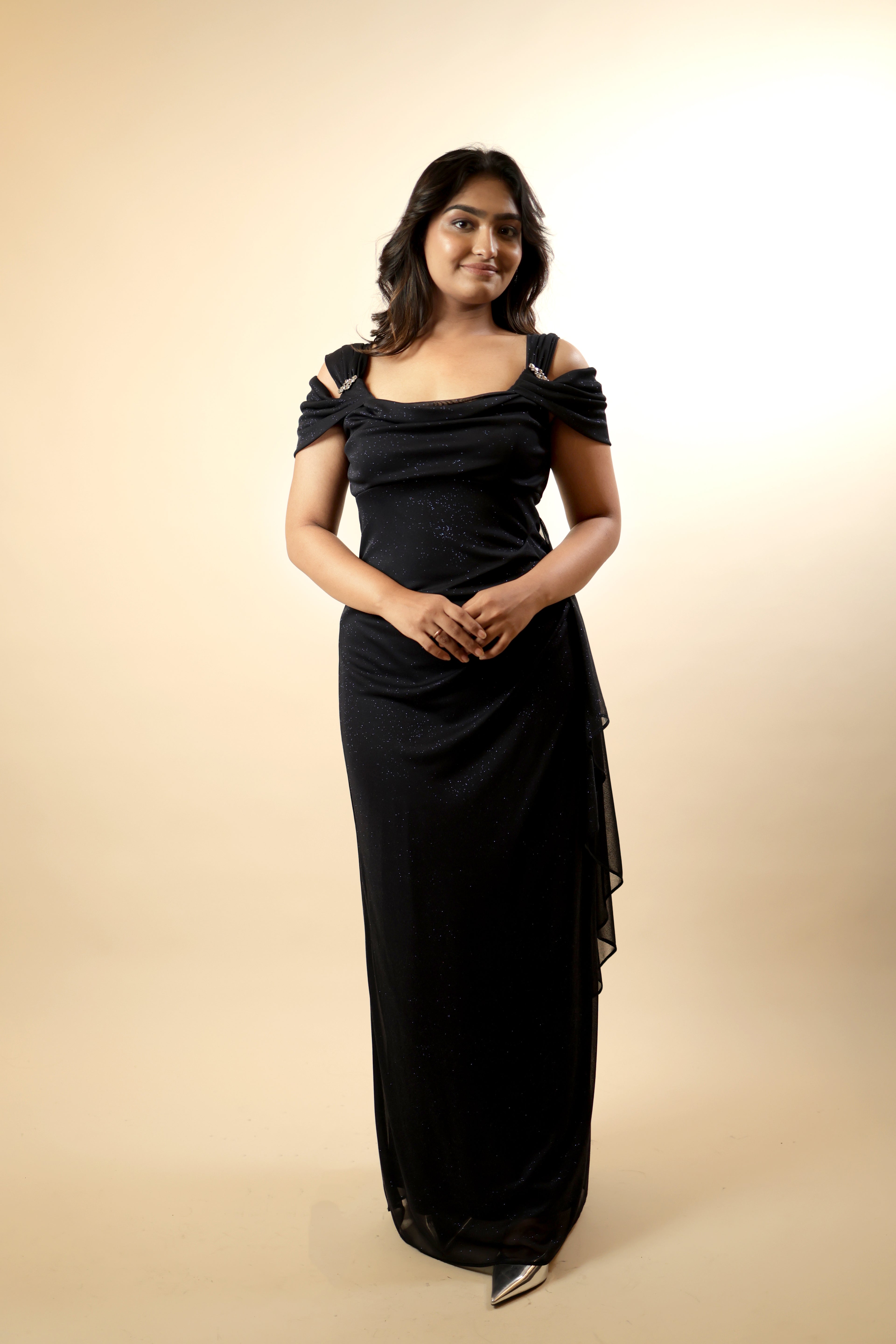 Black Cowl Neck Shimmer Net Dress