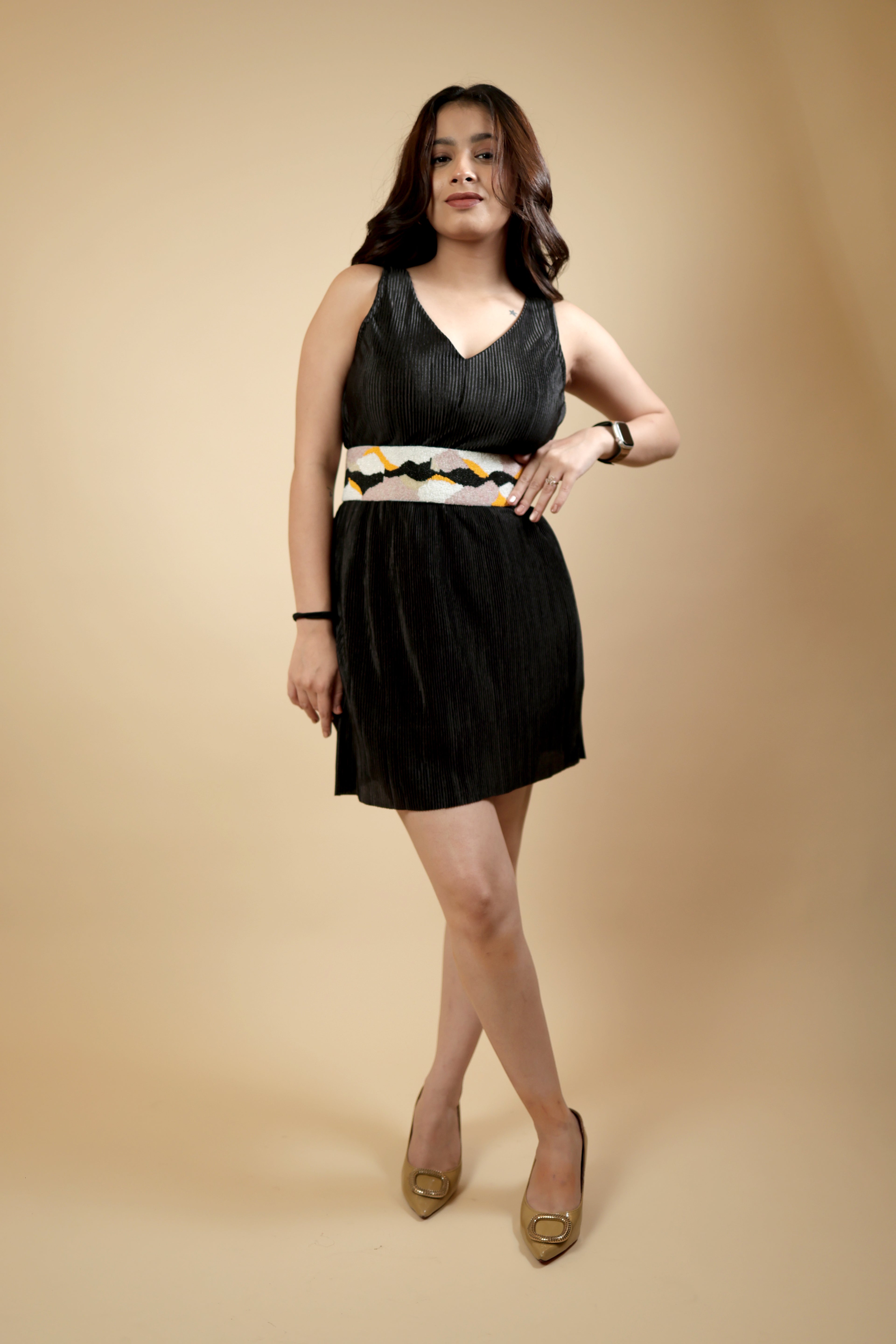 Black Crush & Shiny Dress with Moti Work Belt
