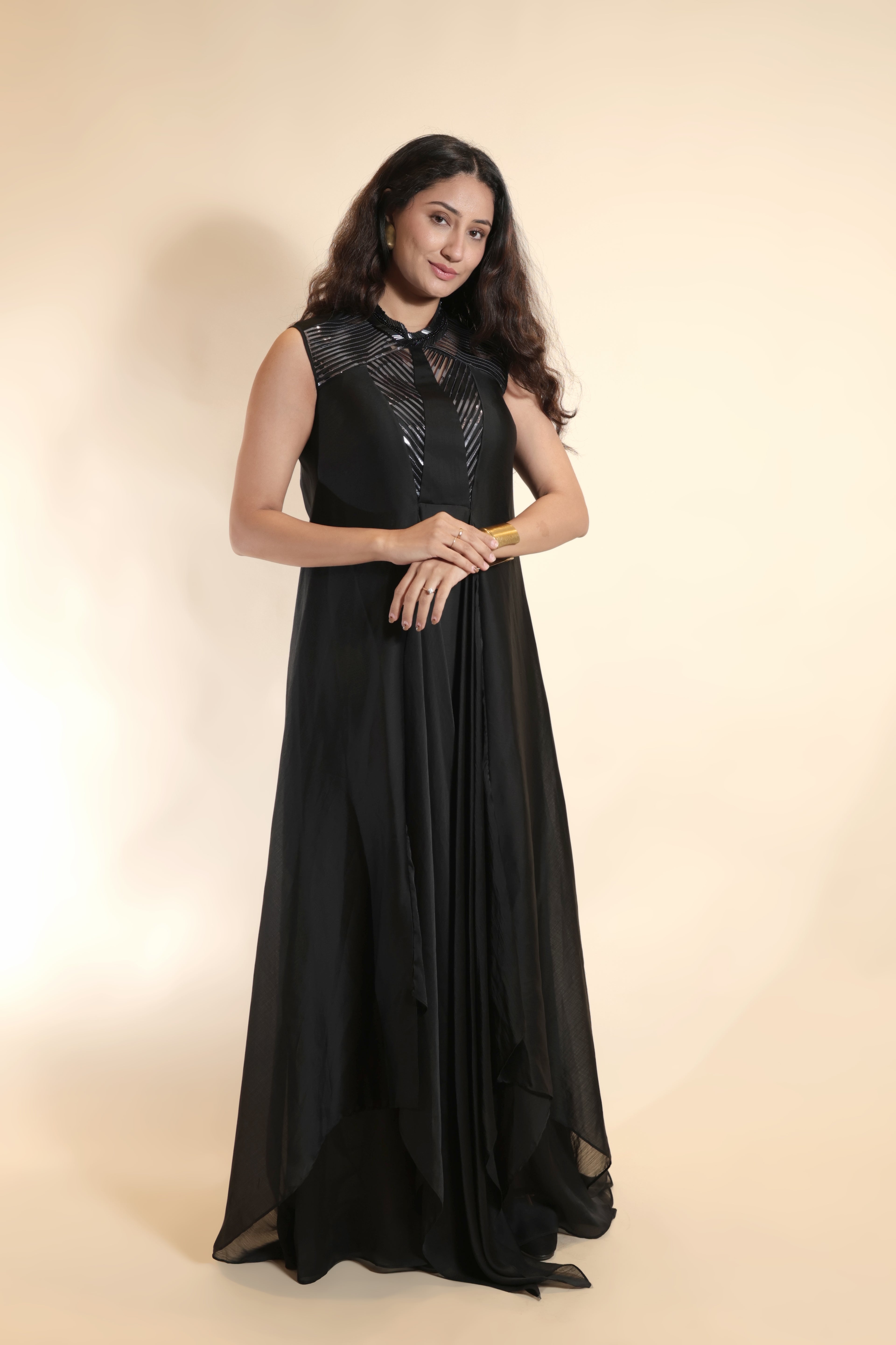 Sleek Black Gown with Embellished Neckline