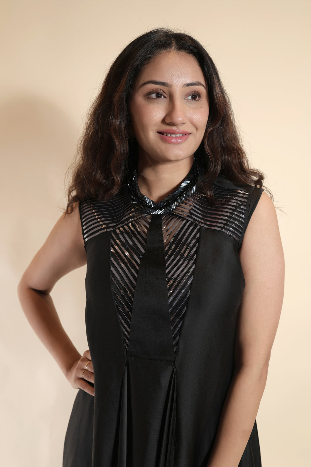 Sleek Black Gown with Embellished Neckline