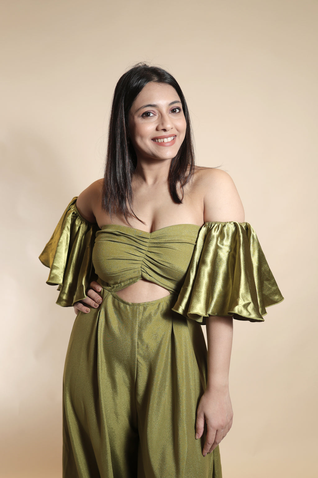 Olive Off-Shoulder Cutout Jumpsuit with Flounce Sleeves