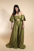 Olive Off-Shoulder Cutout Jumpsuit with Flounce Sleeves