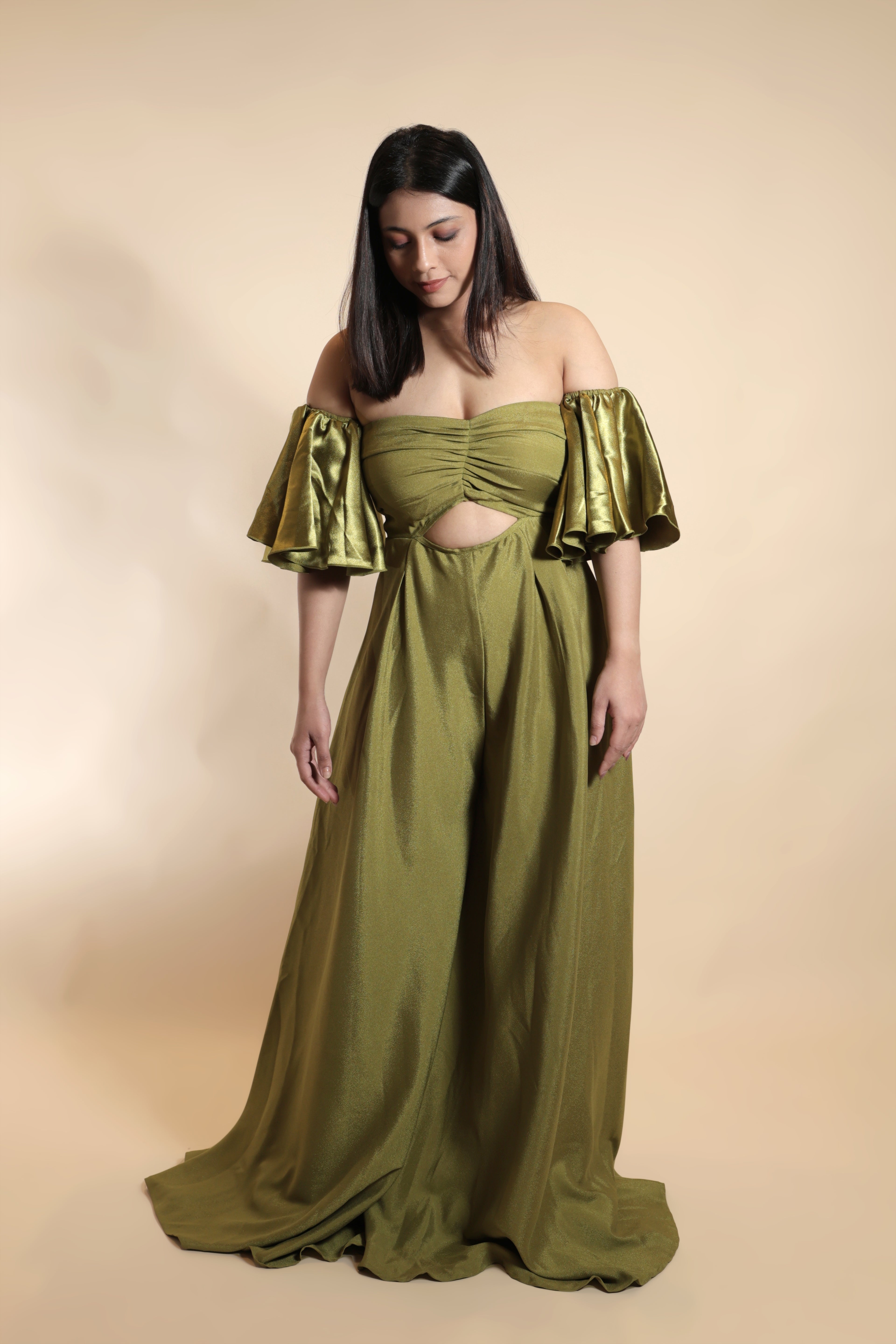 Olive Off-Shoulder Cutout Jumpsuit with Flounce Sleeves