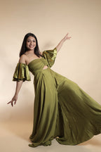 Olive Off-Shoulder Cutout Jumpsuit with Flounce Sleeves