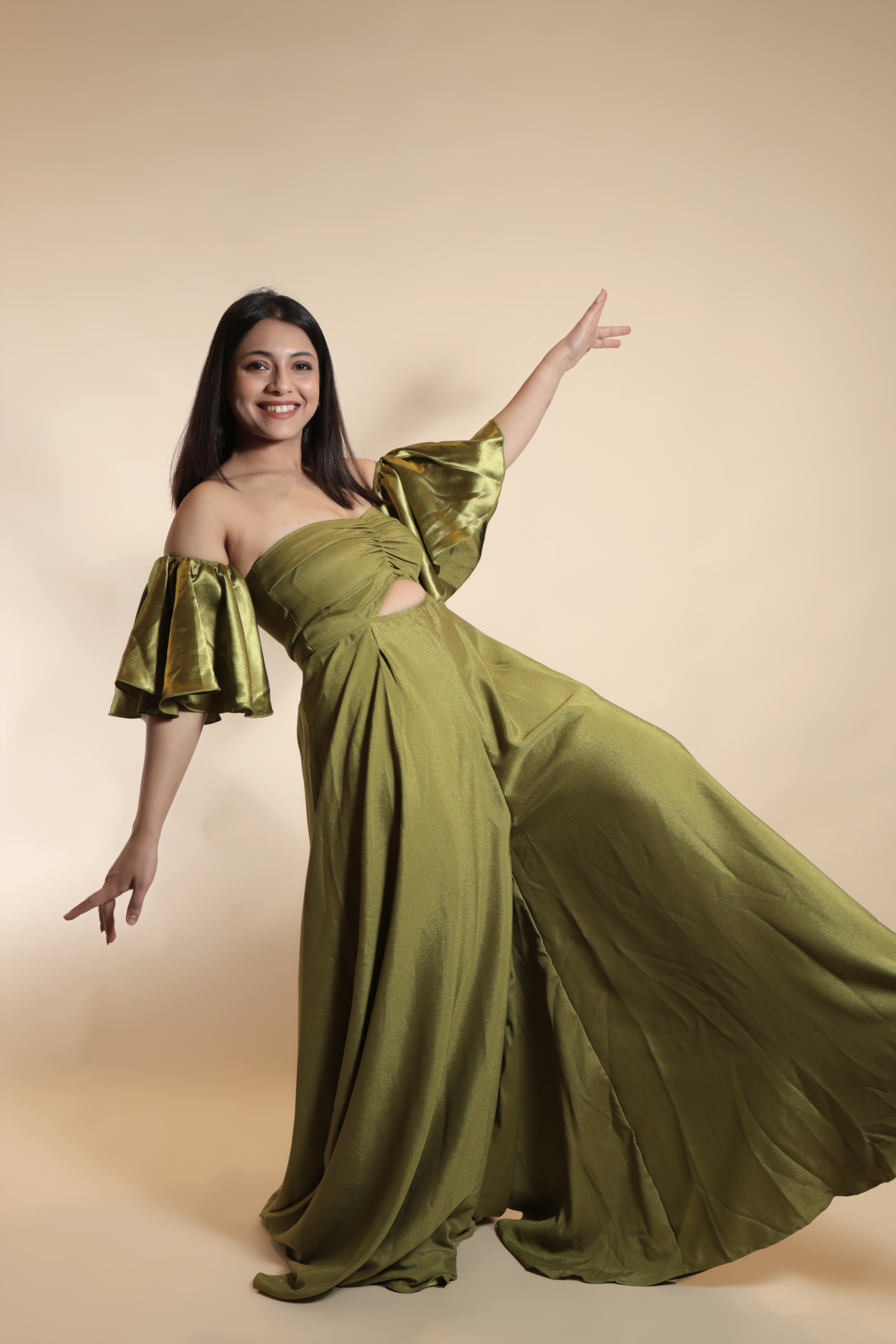 Olive Off-Shoulder Cutout Jumpsuit with Flounce Sleeves