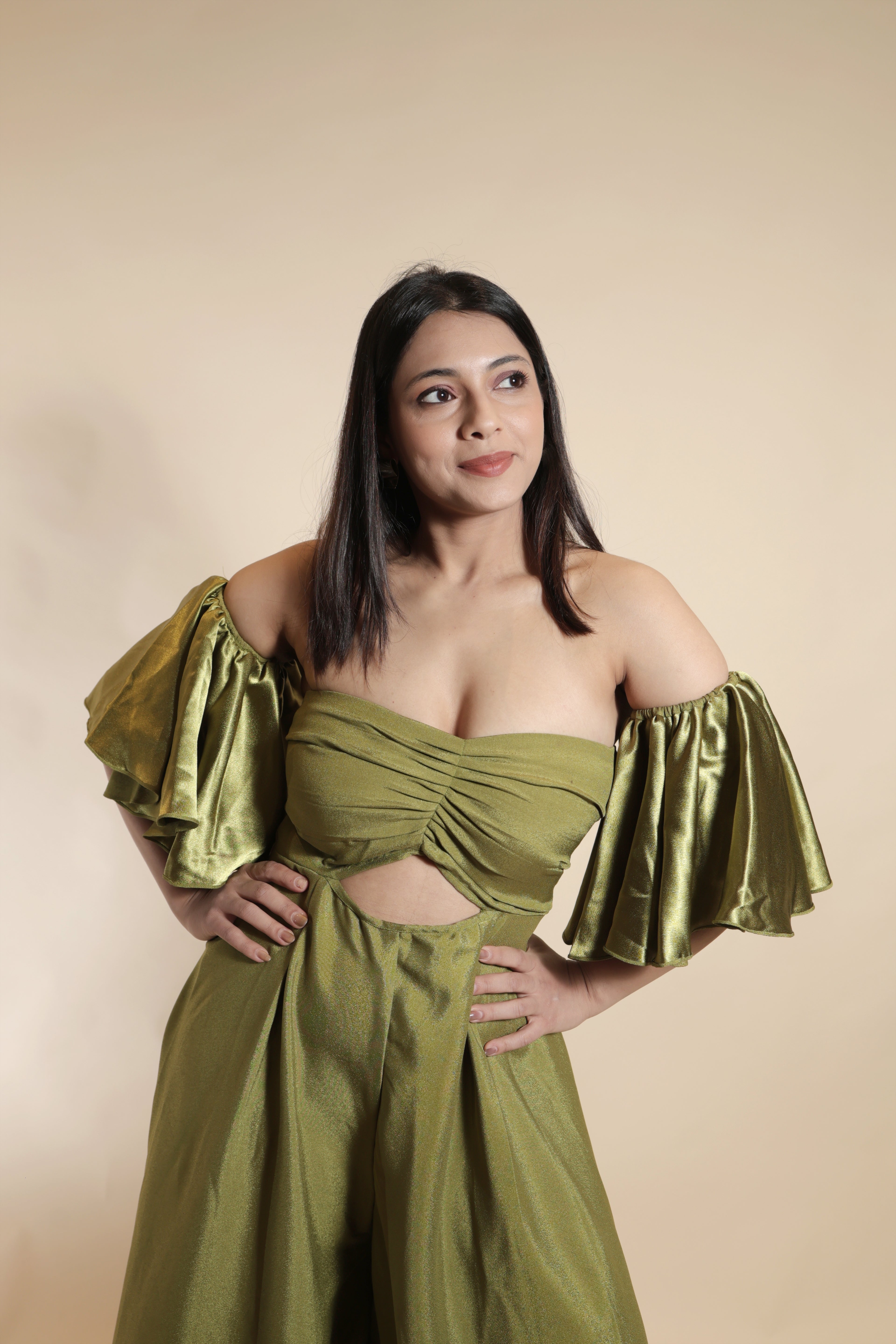 Olive Off-Shoulder Cutout Jumpsuit with Flounce Sleeves