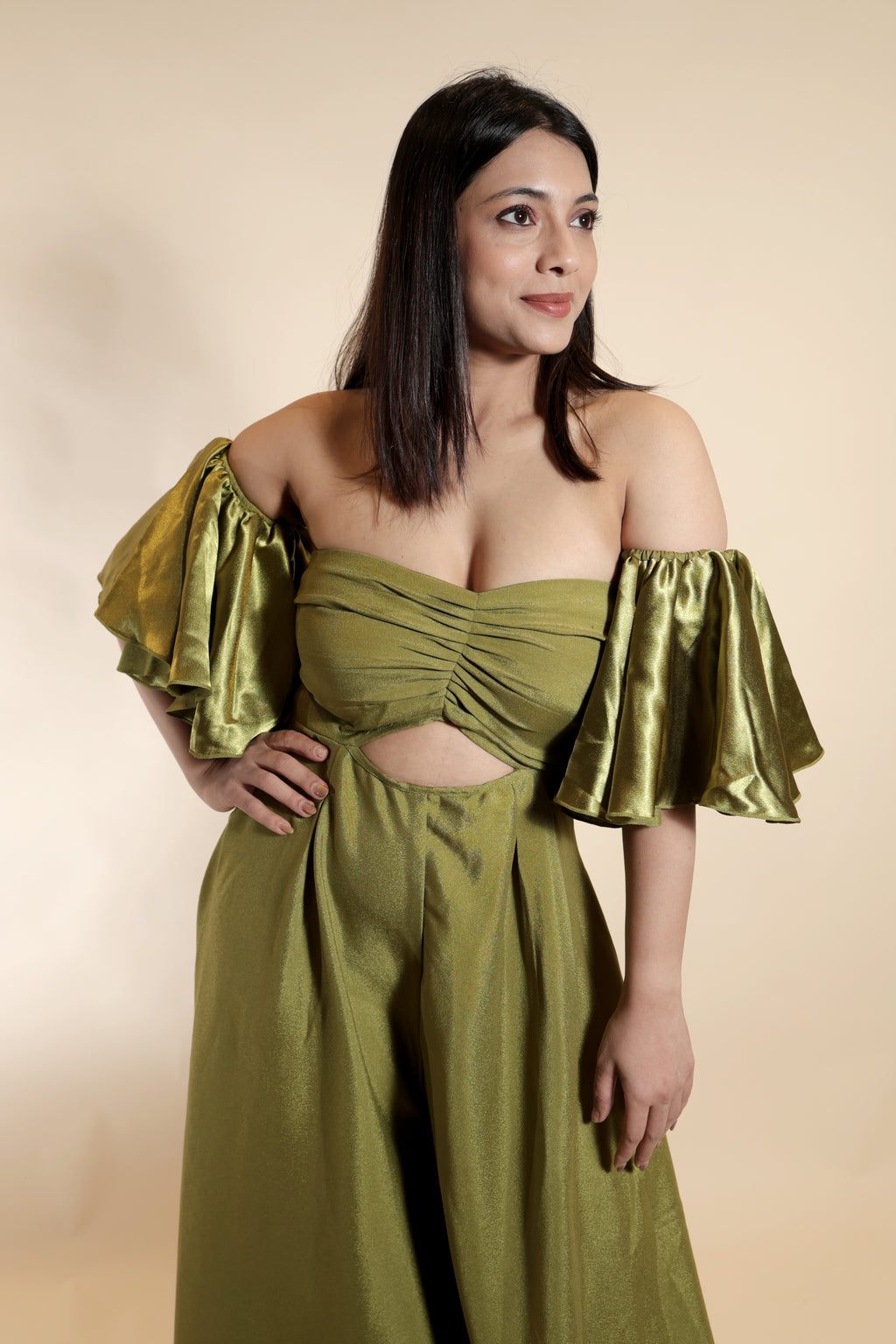 Olive Off-Shoulder Cutout Jumpsuit with Flounce Sleeves