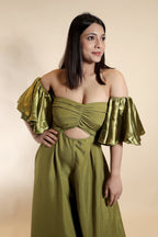 Olive Off-Shoulder Cutout Jumpsuit with Flounce Sleeves