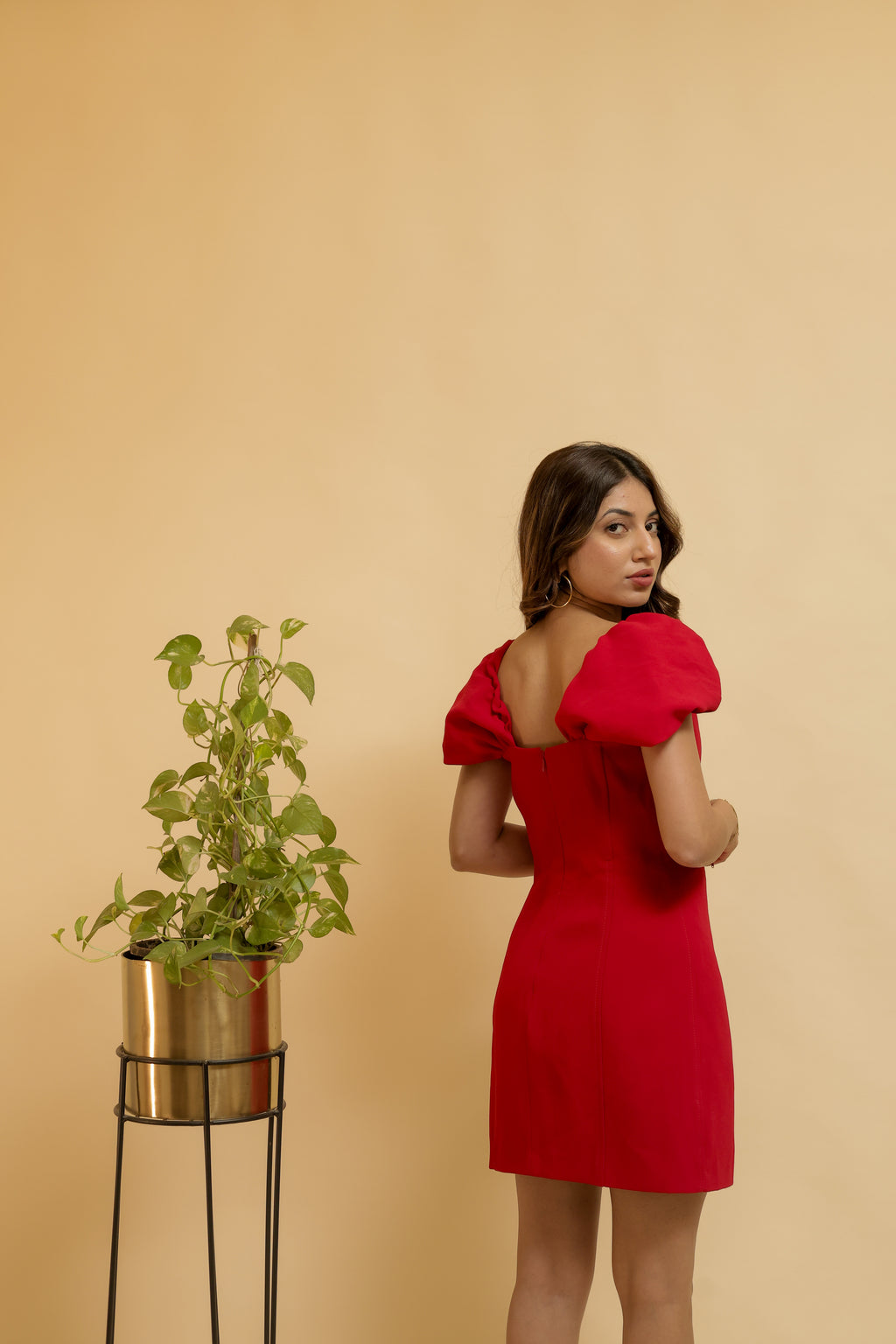 Red Puff-Sleeve Mini Dress with a Sweetheart Neckline