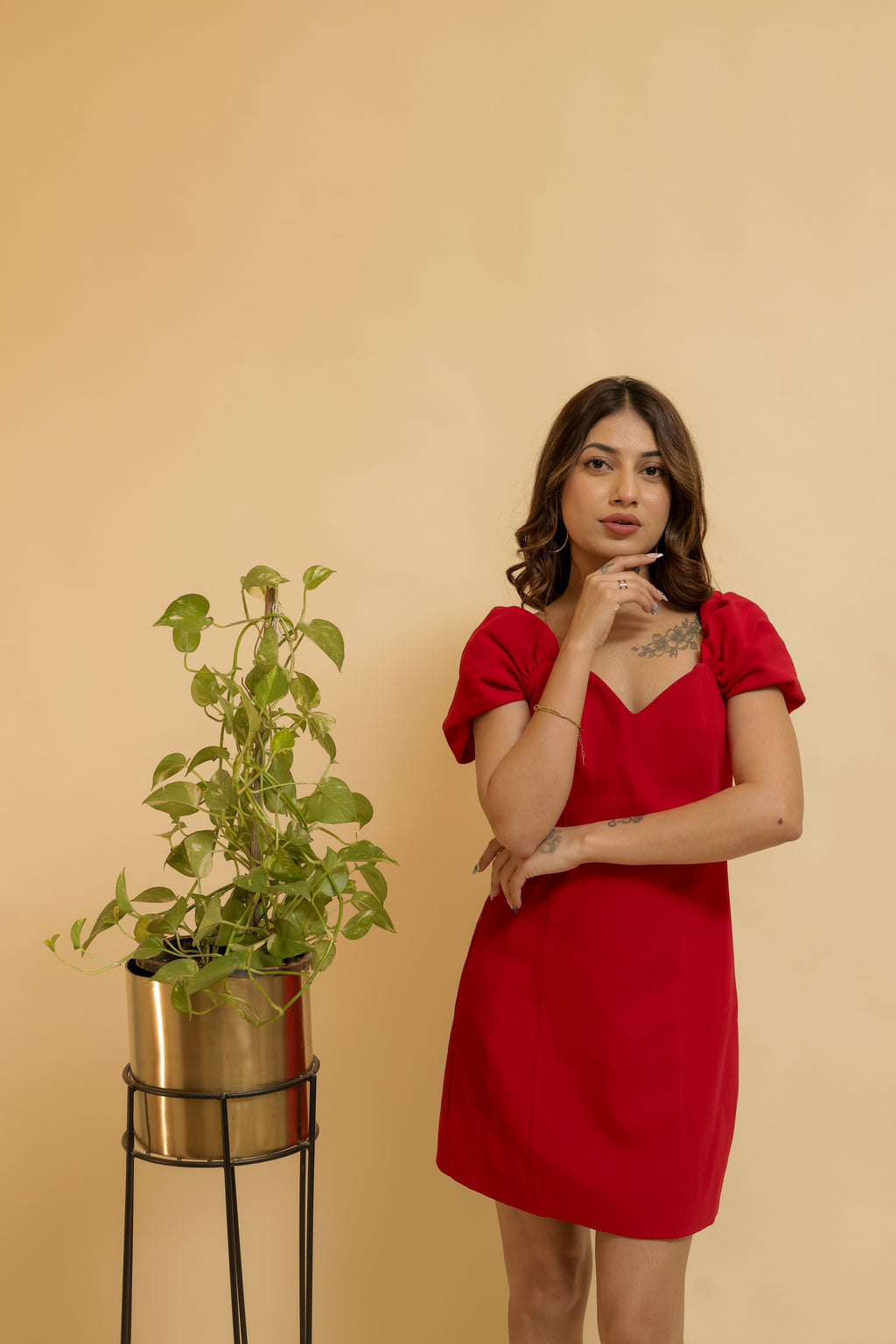 Red Puff-Sleeve Mini Dress with a Sweetheart Neckline