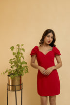Red Puff-Sleeve Mini Dress with a Sweetheart Neckline