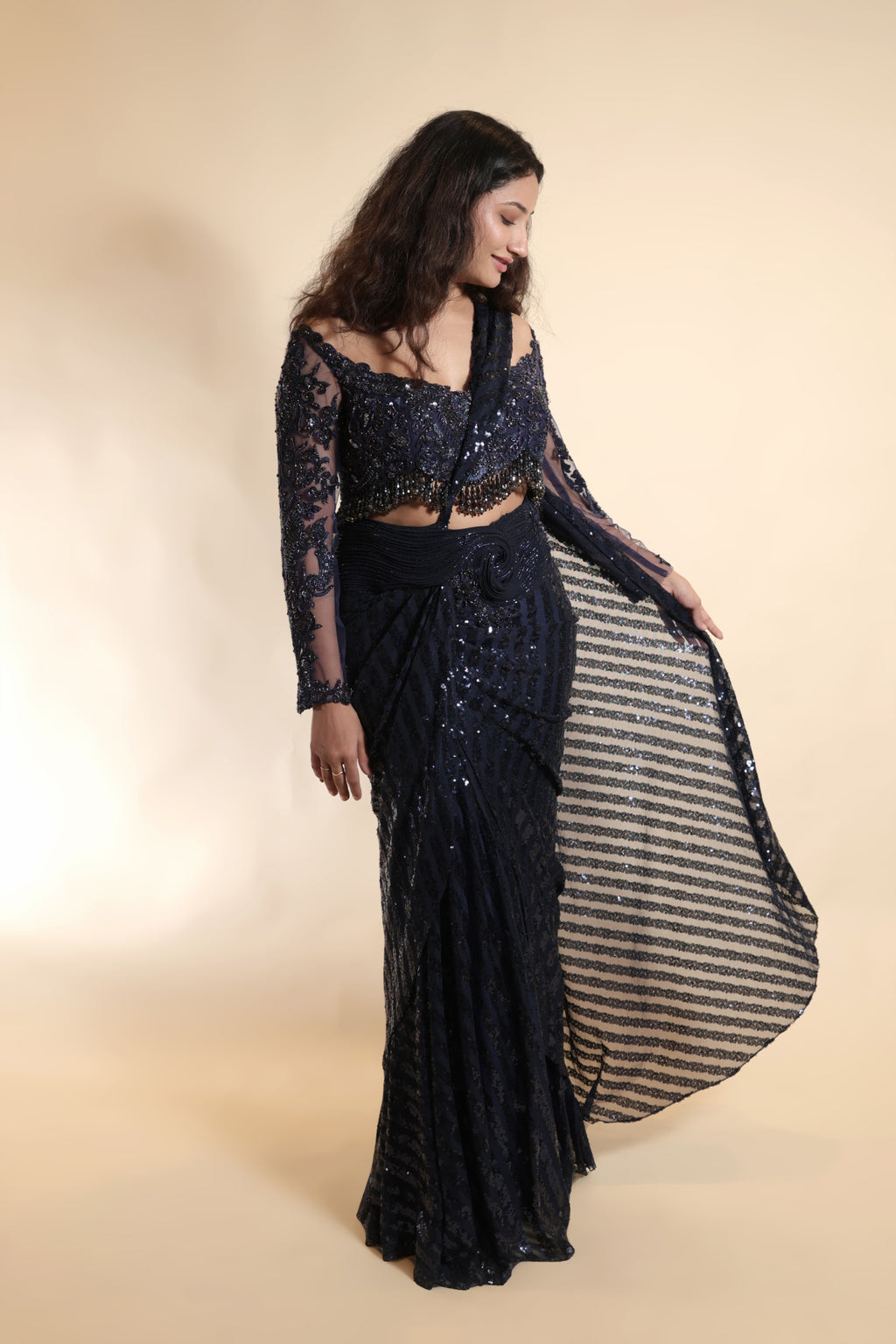 Off-Shoulder Blouse and Sequined Saree