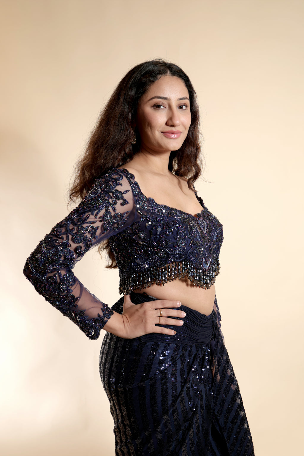 Off-Shoulder Blouse and Sequined Saree