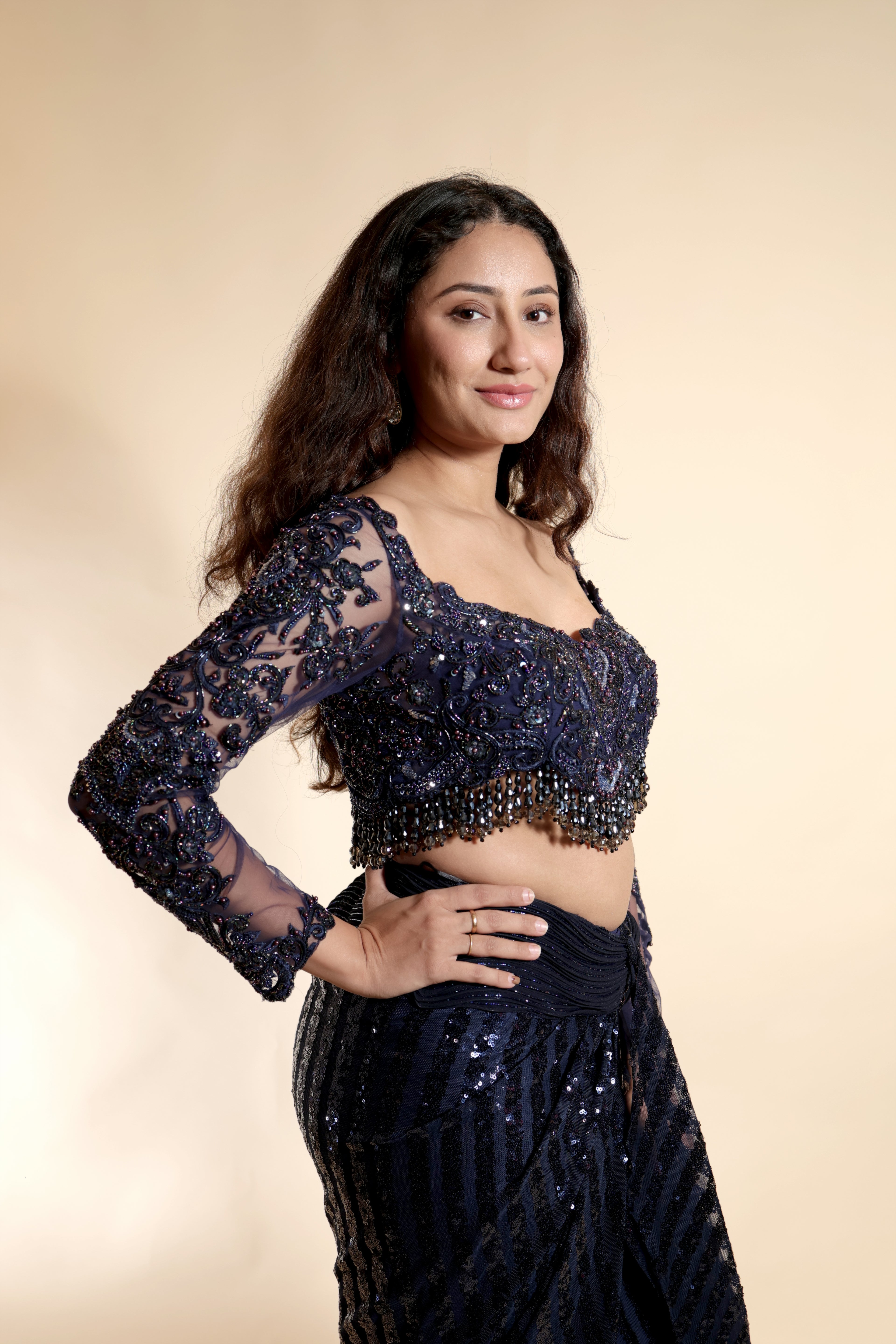 Off-Shoulder Blouse and Sequined Saree