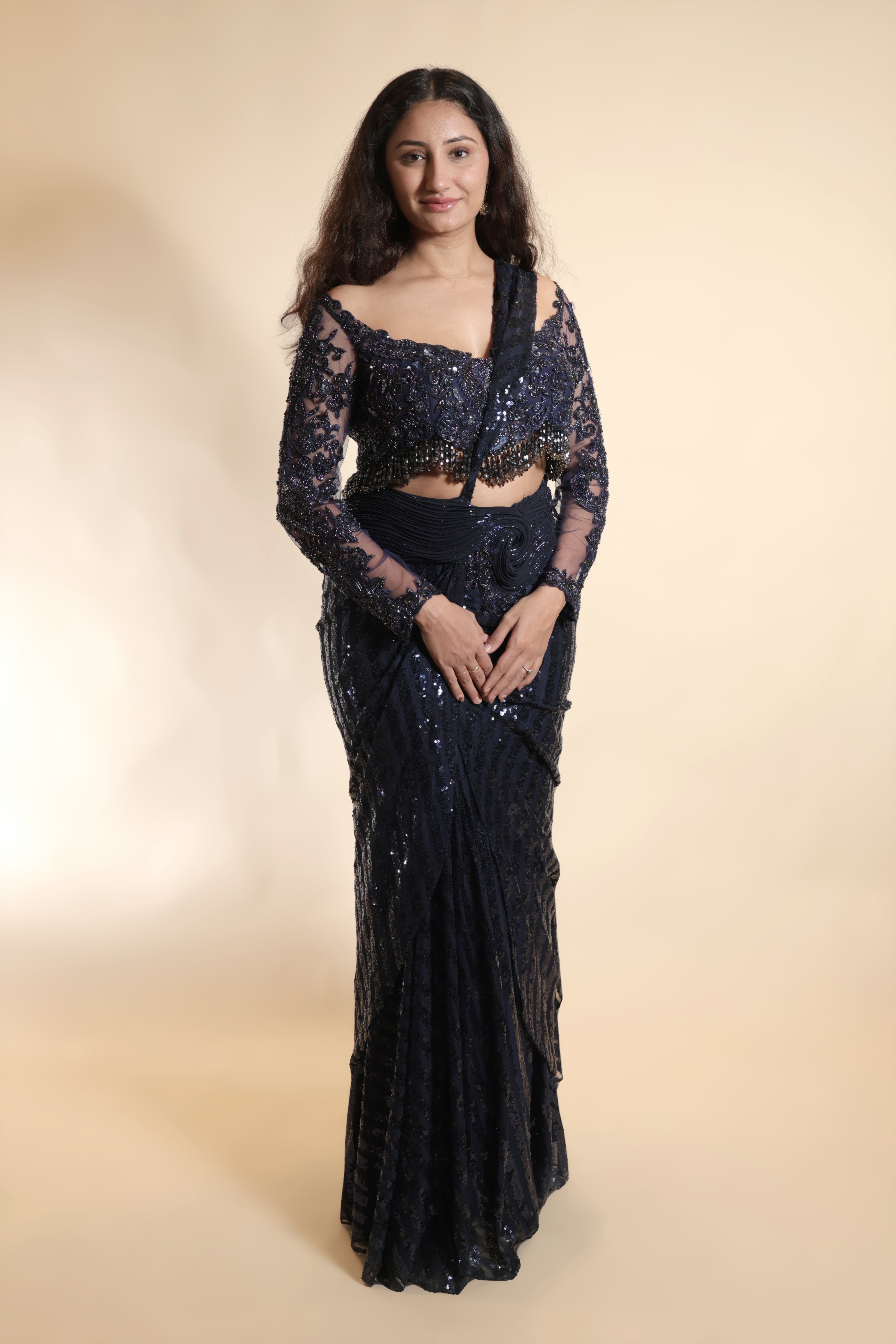 Off-Shoulder Blouse and Sequined Saree