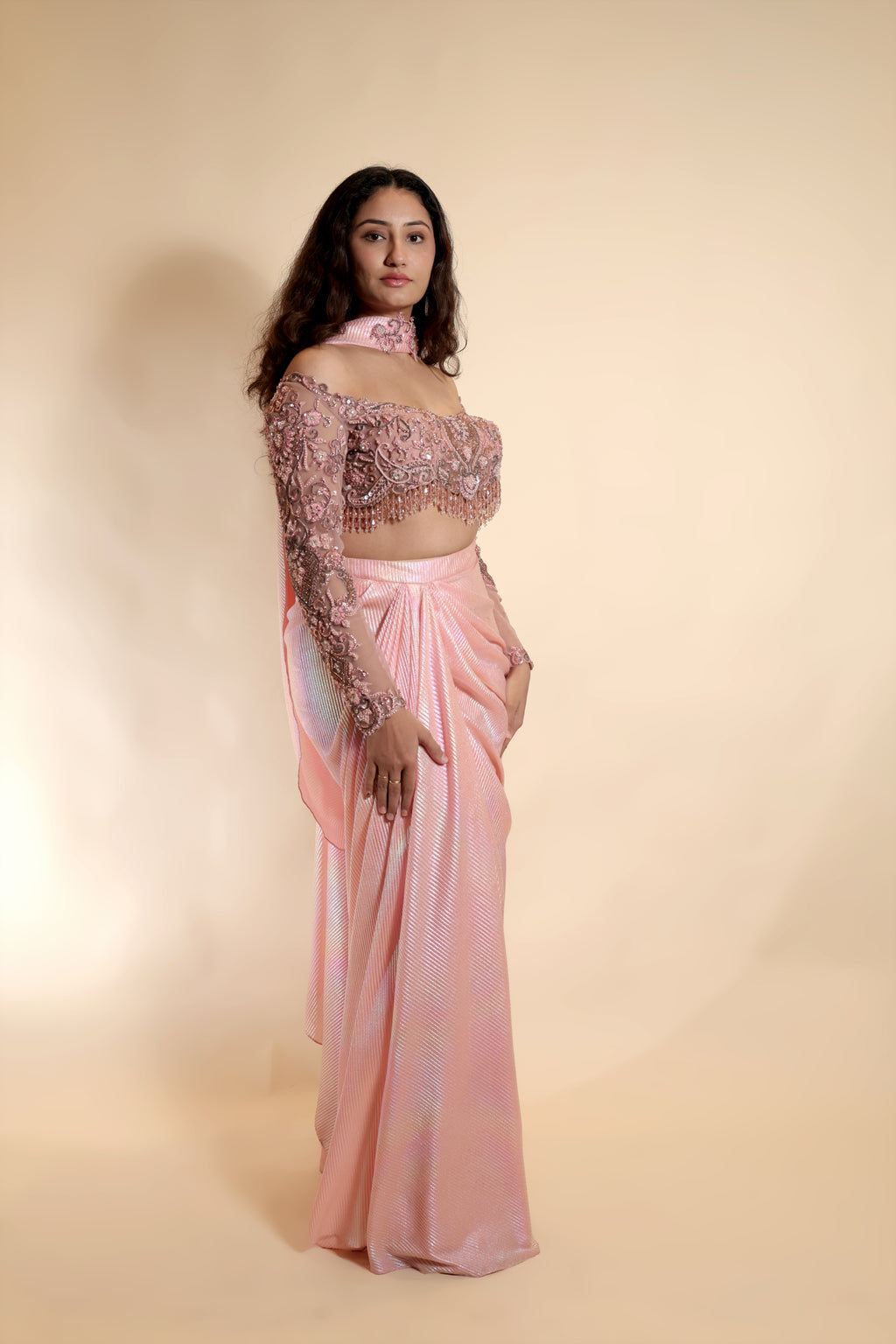 Embroidered Off-Shoulder and Metallic Pleats