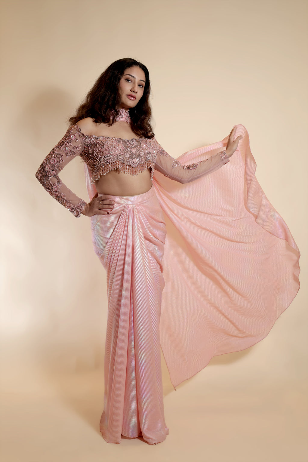 Embroidered Off-Shoulder and Metallic Pleats