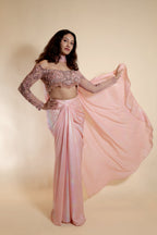 Embroidered Off-Shoulder and Metallic Pleats