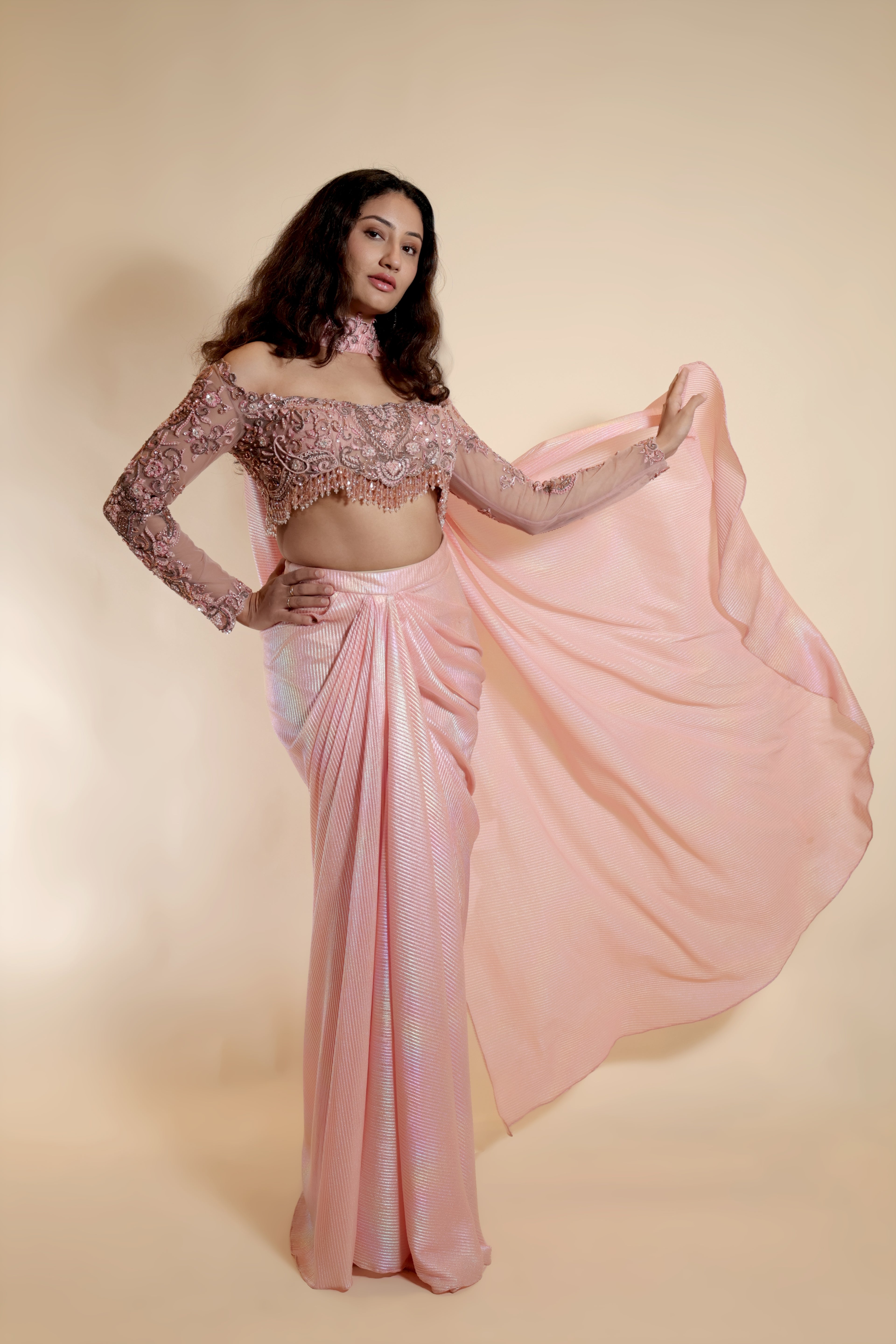 Embroidered Off-Shoulder and Metallic Pleats