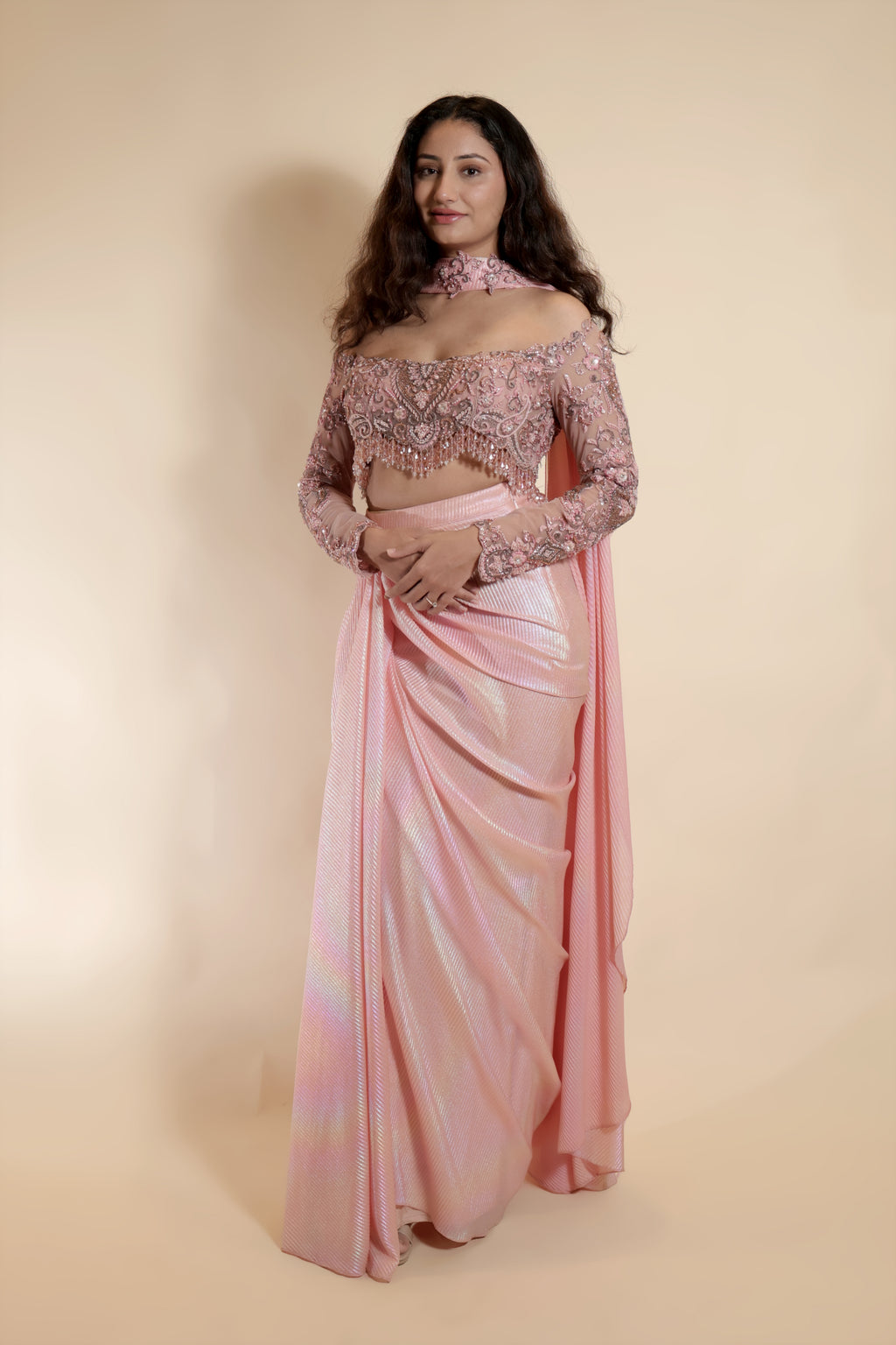 Embroidered Off-Shoulder and Metallic Pleats