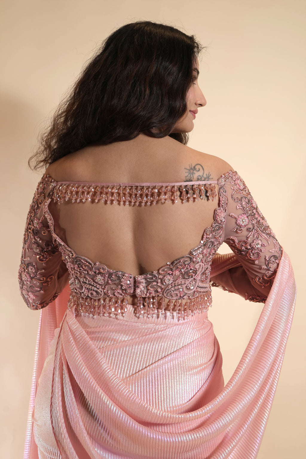 Embroidered Off-Shoulder and Metallic Pleats