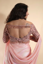 Embroidered Off-Shoulder and Metallic Pleats