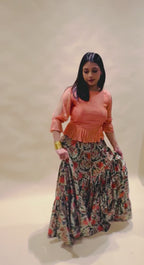 Cropped Padded Top with Butti Work & Gaji Silk Skirt