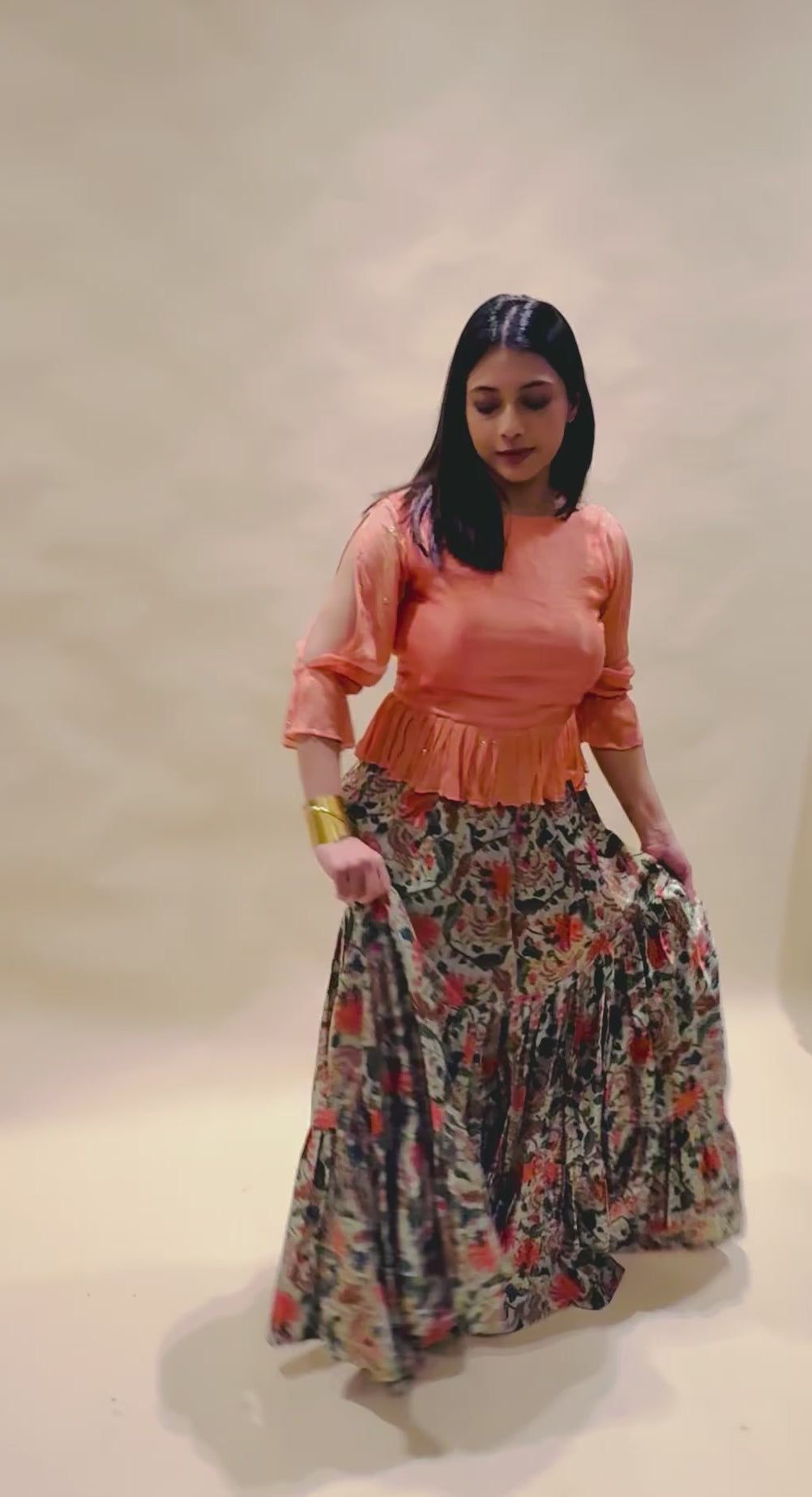 Cropped Padded Top with Butti Work & Gaji Silk Skirt