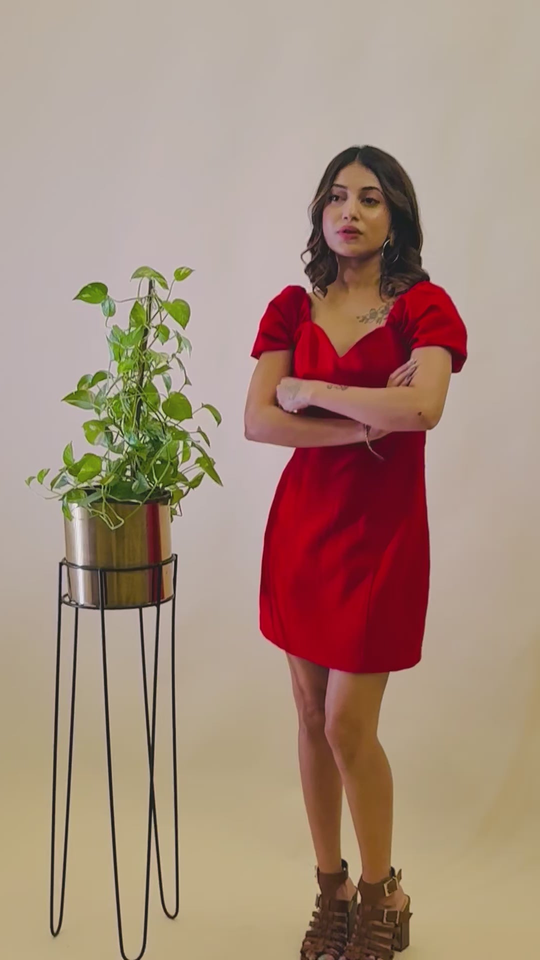 Red Puff-Sleeve Mini Dress with a Sweetheart Neckline