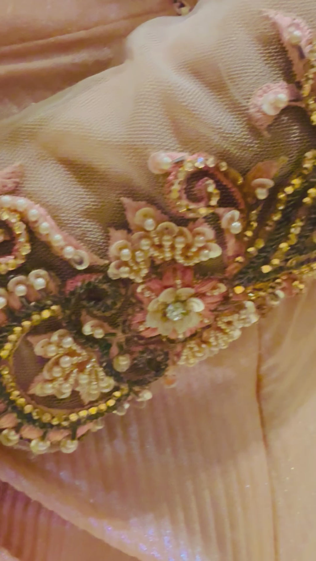 Embroidered Off-Shoulder and Metallic Pleats