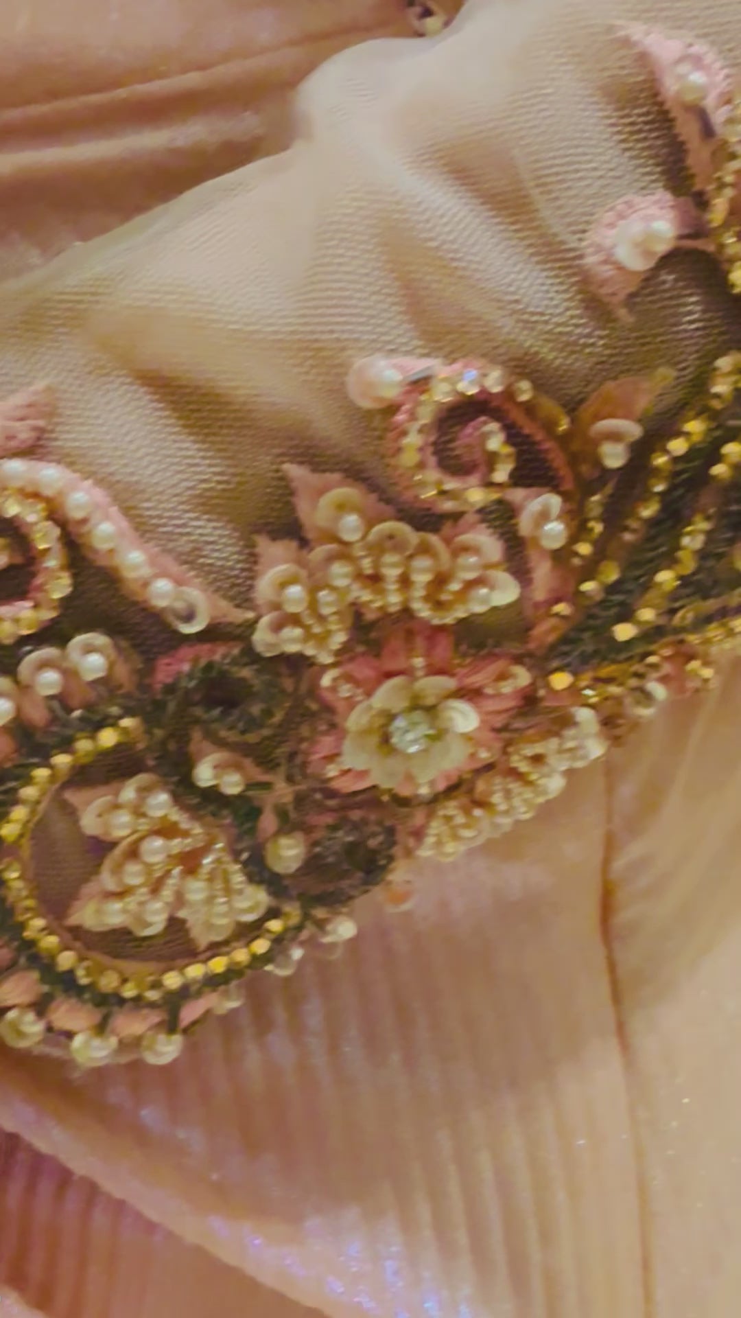 Embroidered Off-Shoulder and Metallic Pleats