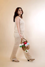 Beige Casual Knitted Crochet Set for Women