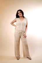 Beige Casual Knitted Crochet Set for Women