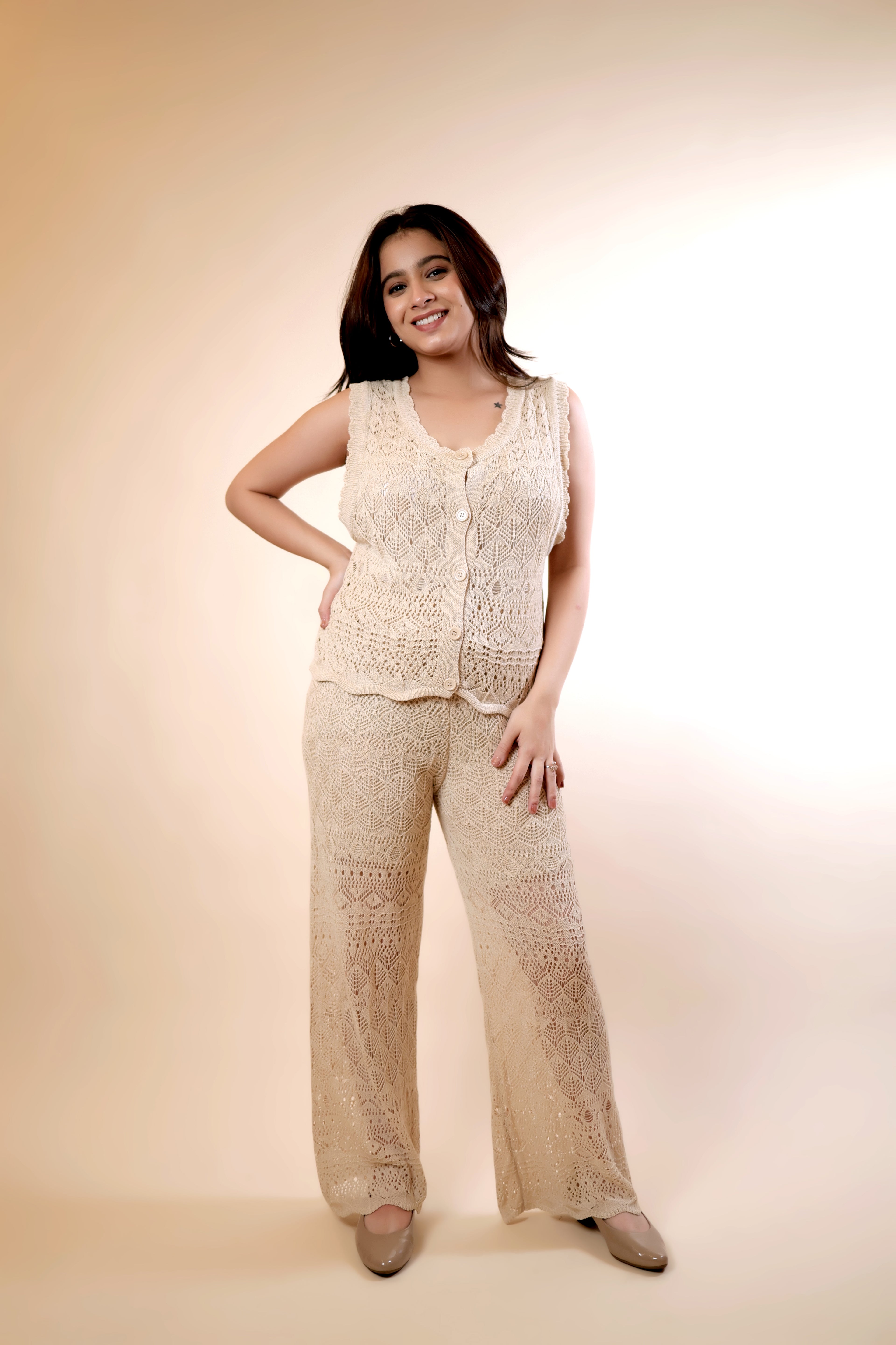 Beige Casual Knitted Crochet Set for Women