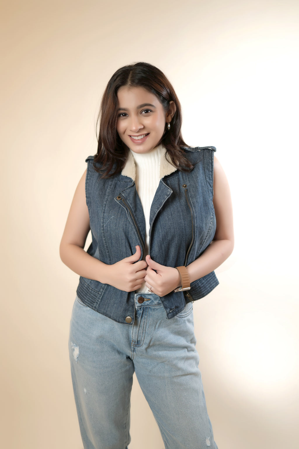 Sleeveless Denim Jacket with Fur Neck