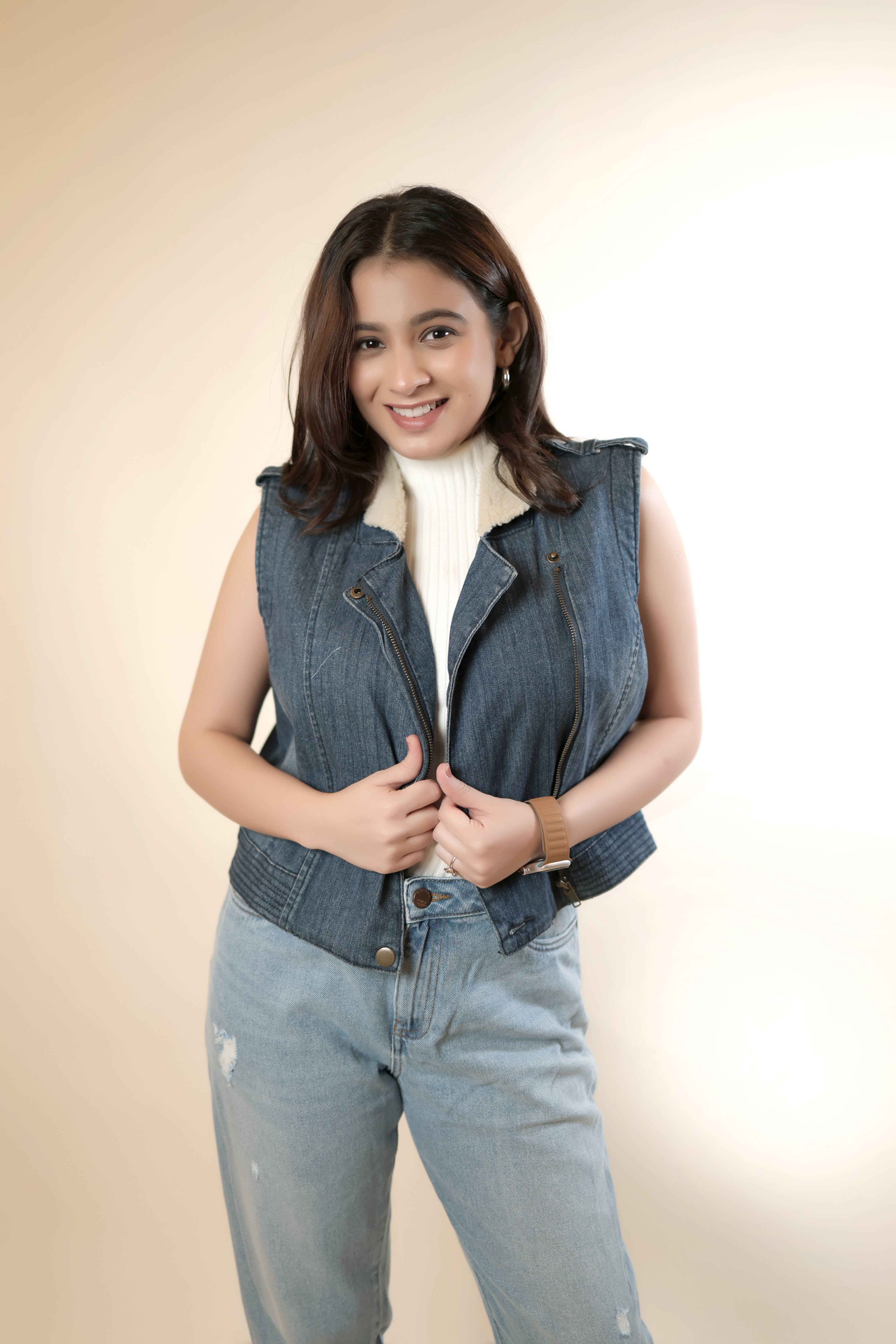 Sleeveless Denim Jacket with Fur Neck
