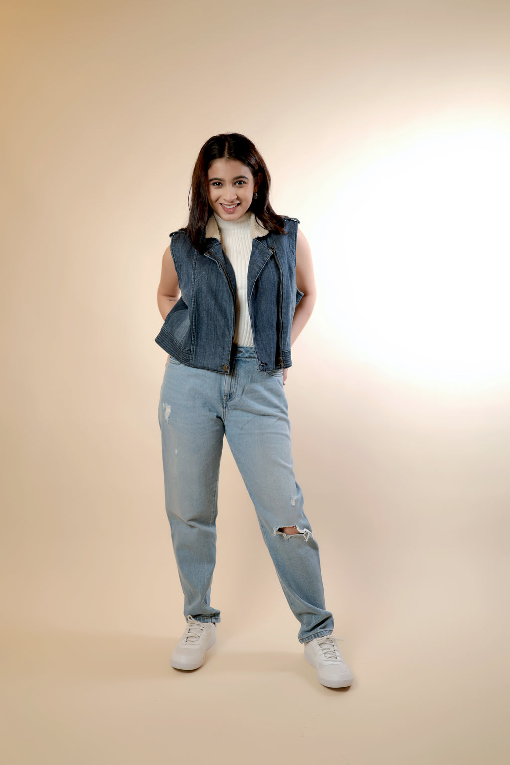 Sleeveless Denim Jacket with Fur Neck