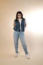 Sleeveless Denim Jacket with Fur Neck