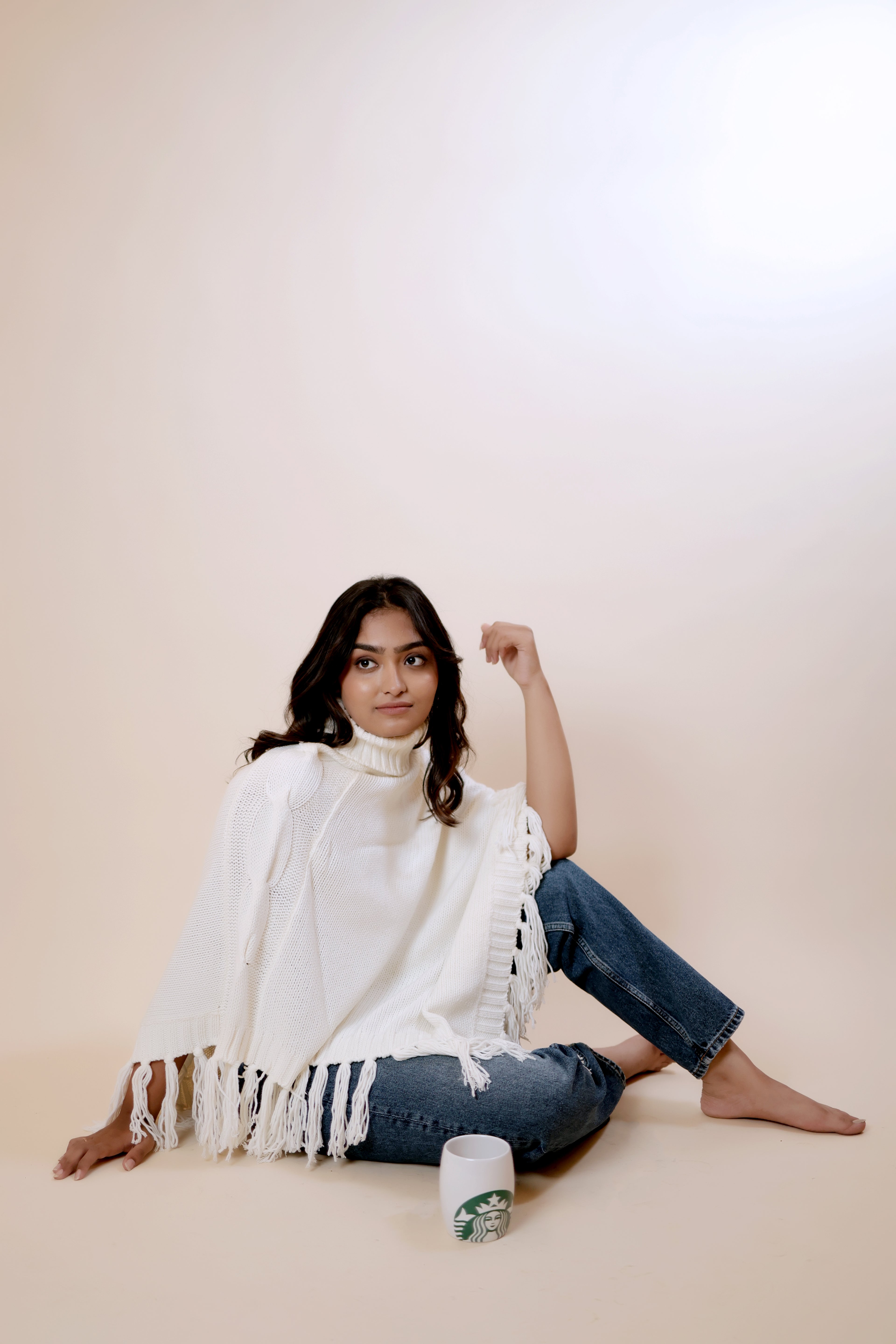 Free Size White Winter Poncho