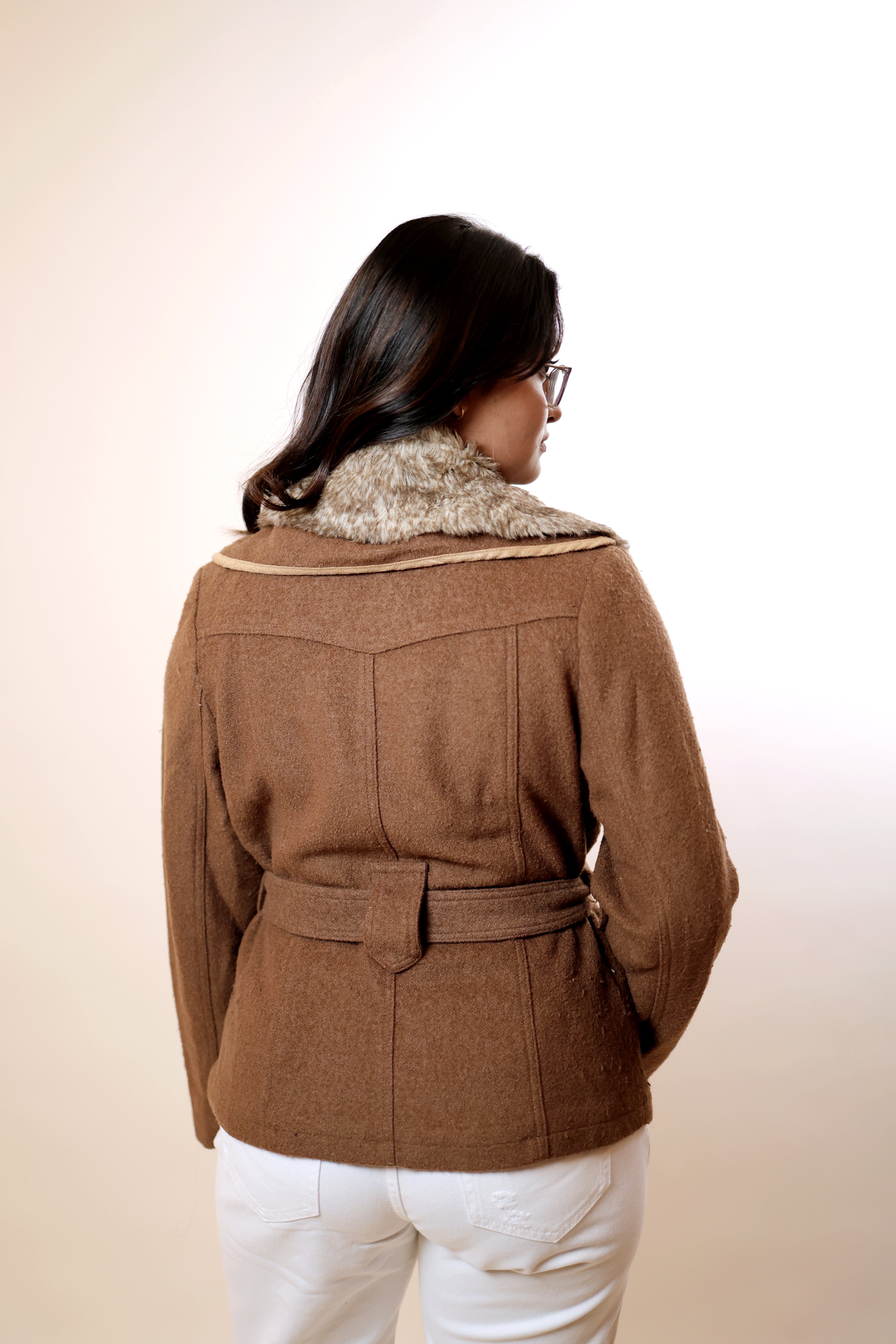 Brown Button-Pattern Jacket with Fur Collar