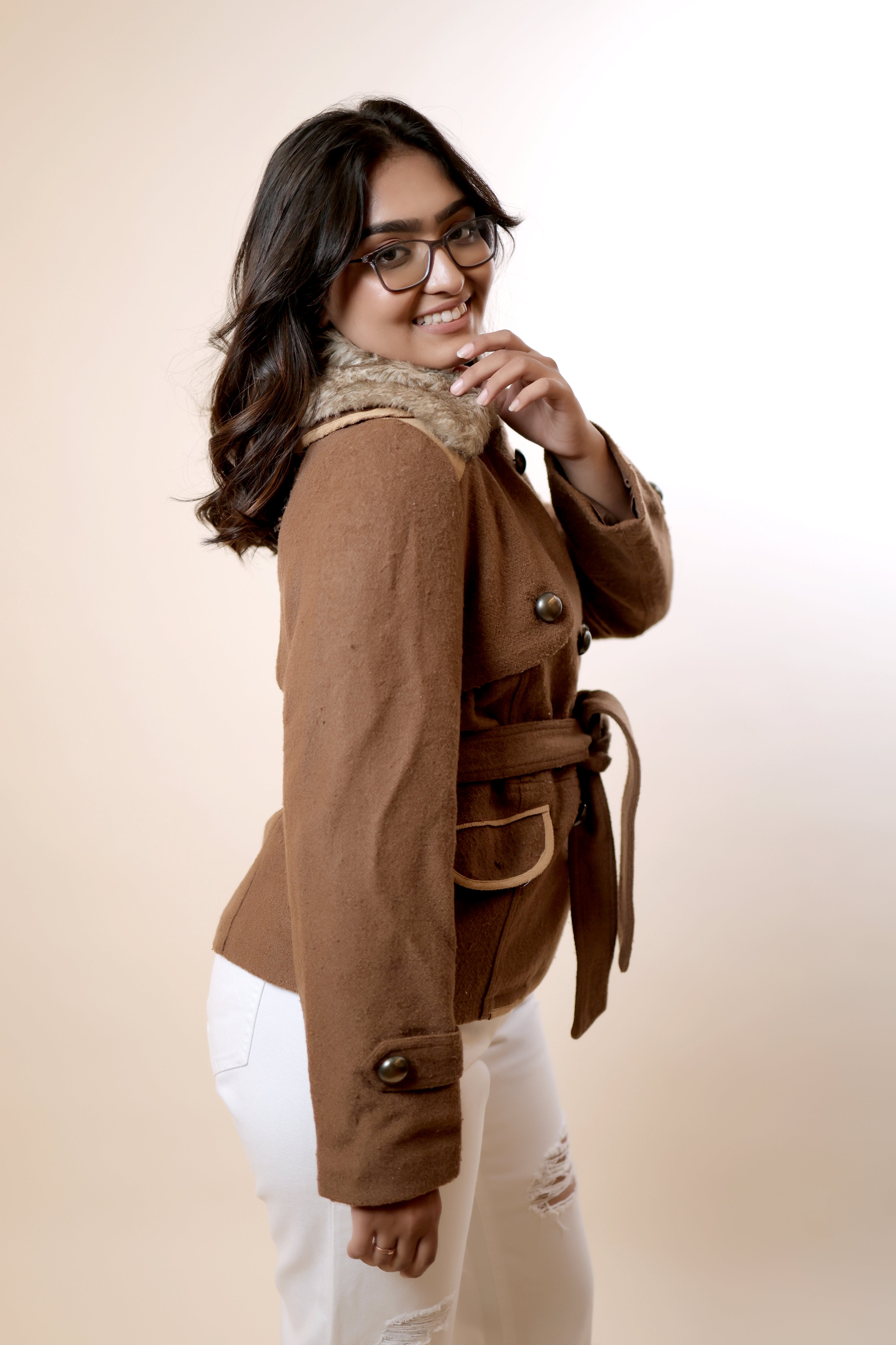 Brown Button-Pattern Jacket with Fur Collar