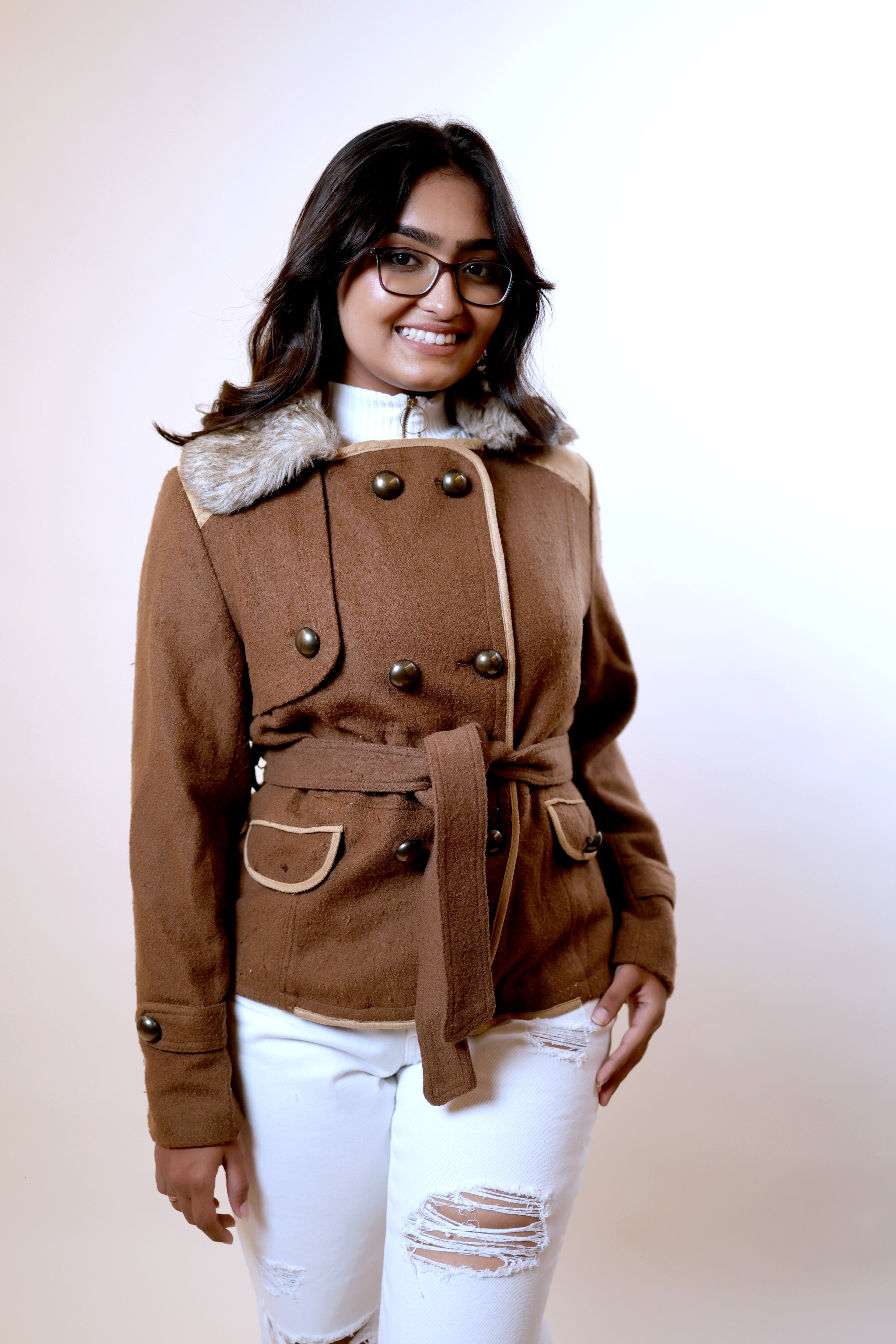 Brown Button-Pattern Jacket with Fur Collar