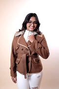 Brown Button-Pattern Jacket with Fur Collar