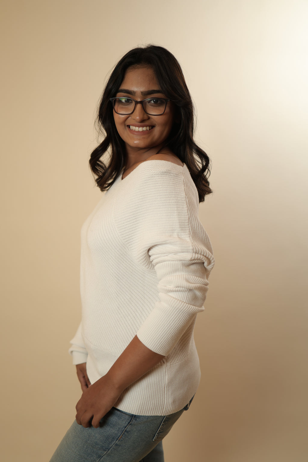 White Off-Shoulder Knitted Sweater